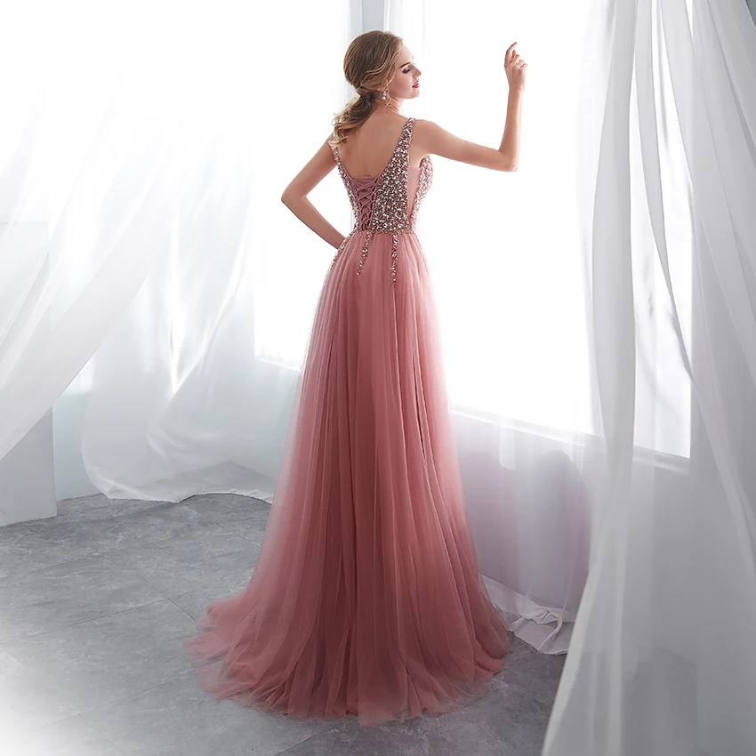 2019 Sexy Backless Women Long Prom Dresses Deep V Neck Crystal Beads Party Gown Sleeveless Evening Vestido de festa longo