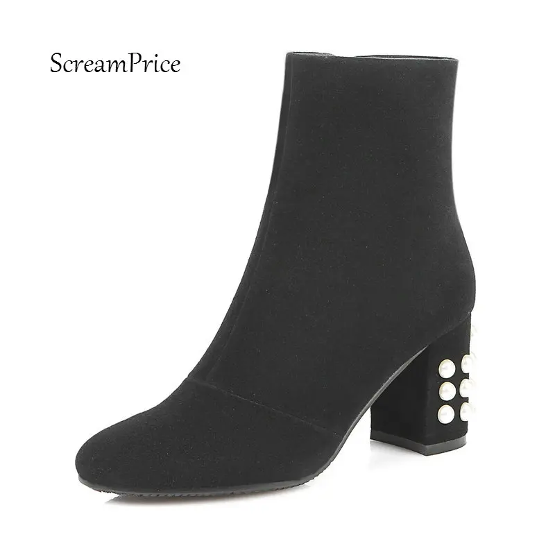 Women Fashion Side Zipper Thick High Heel Suede Ankle Boots Winter Round Toe Shoes Black Gray цена Women Fashion Side Zipper Thick High Heel Suede Ankle Boots Winter Round Toe Shoes Black Gray цены онлайн