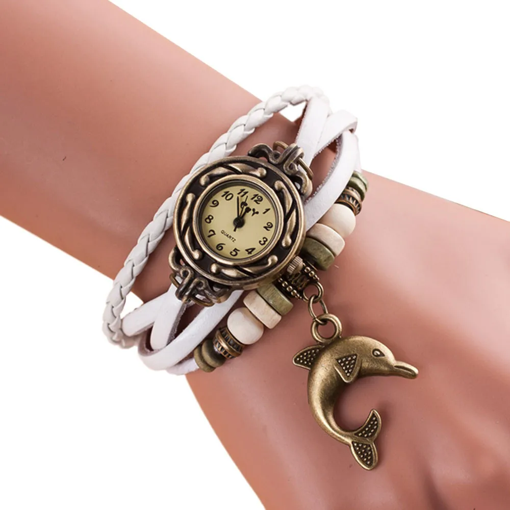 

Relojes mujer 2019 Quartz Weave Around Leather Dolphin Bracelet Woman Wrist Watch vintage ladies leather watches Montre Femme#B