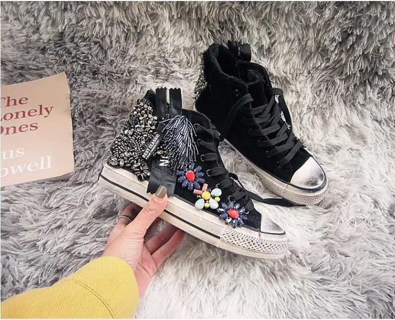 

Homemade manual heavy work beaded old hip hop graffiti sail high plus plus velvet shoes casual women's small dirty shoes