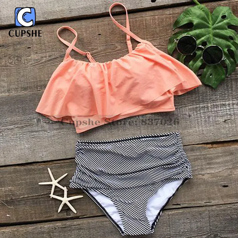 Billige CUPSHE Meer Gale Falbala Hohe taille Bikini Set Frauen Sommer Sexy Badeanzug Damen Strand Badeanzug bademode