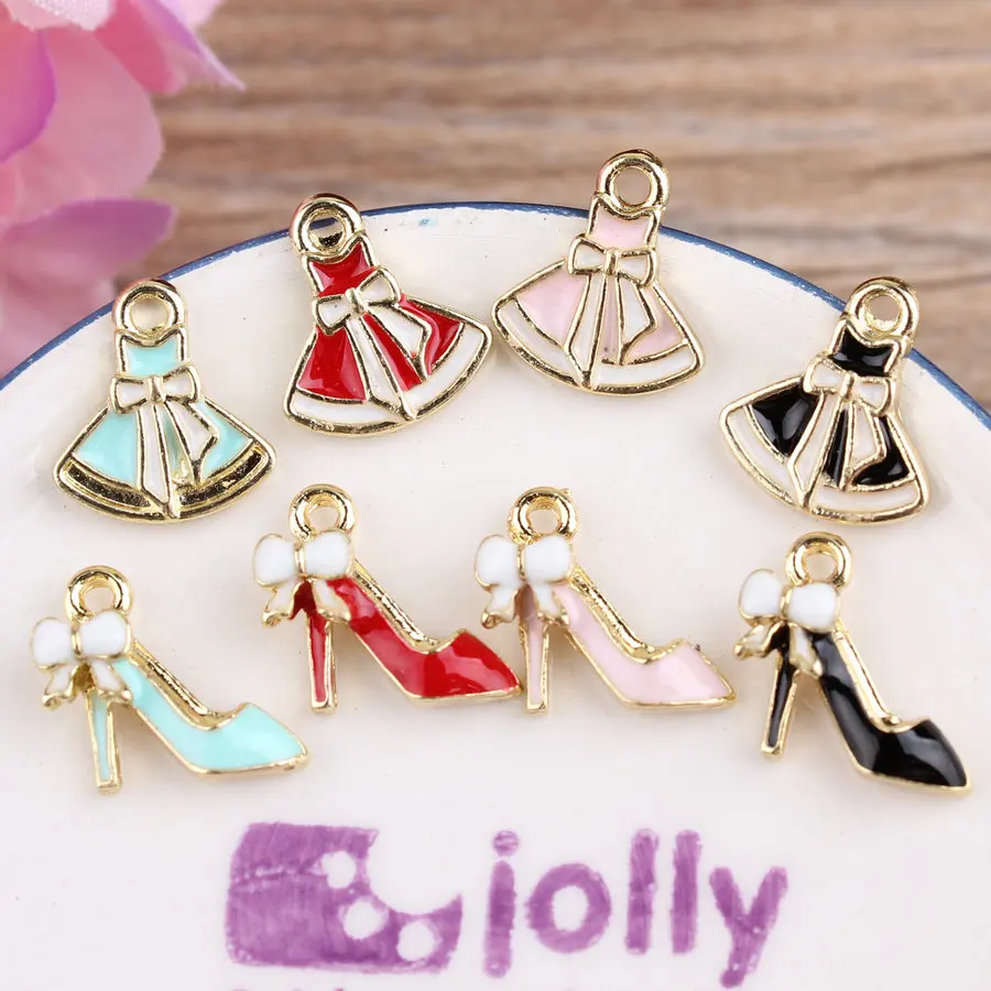 

MRHUANG 10pcs/lot Skirt High Shoes floating Enamel Charms Alloy Pendant fit necklaces bracelets DIY Jewelry Accessories