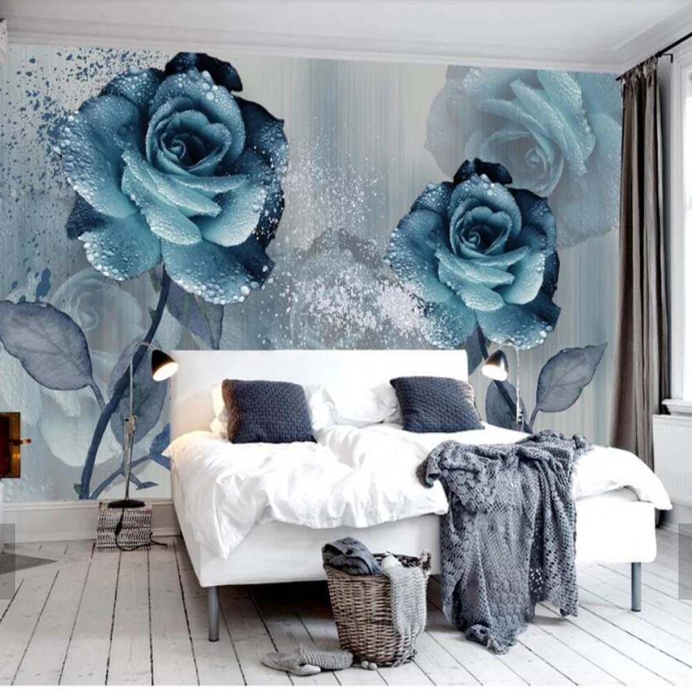 青いバラの水彩画 寝室の壁紙 芸術的な壁紙 壁紙 Aliexpress