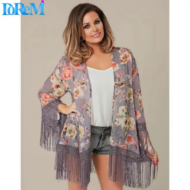 New 2015 Spring Autumn Women Trench Full Sleeve Flowers Printed Casual Cardigans Coats Hem Tassel Kimono Overcoat |