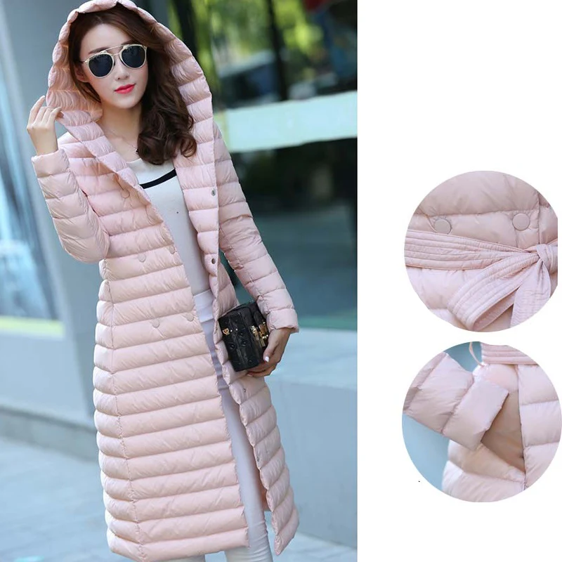 

2017 Spring Padded Hooded Long Jacket Woman White Duck Down Female Overcoat Ultra Light Slim Solid Jackets Coat Portable Parkas