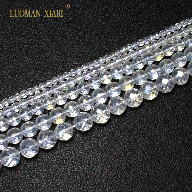 Perles en pierre naturelle pour la fabrication de bijoux, quartz à facettes, couleur AB, cristal blanc, 4/6/8/10/12mm, vente en gros