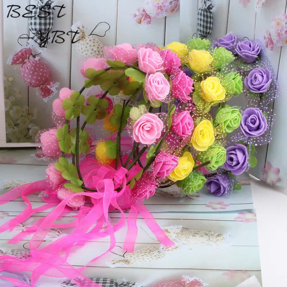 

New Women Bohemian Rose Flower headband Kids Wreath Party Wedding Floral with Ribbon Adjustable Hair Accessories Headband