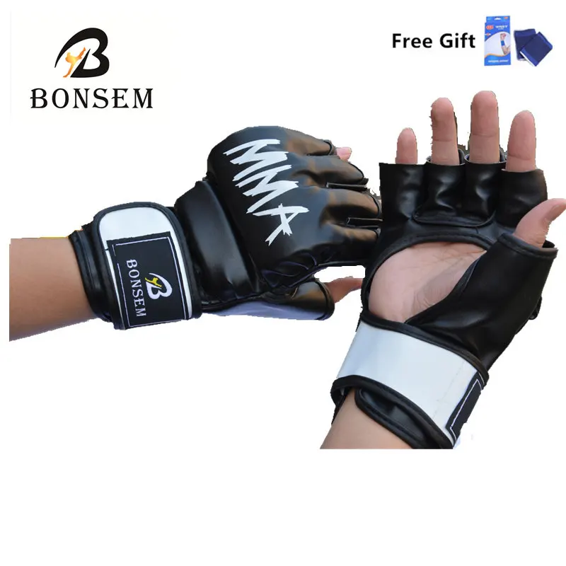1Pair PU Leather Half Mitts Mitten MMA Muay Thai Train Gym Gloves Half
