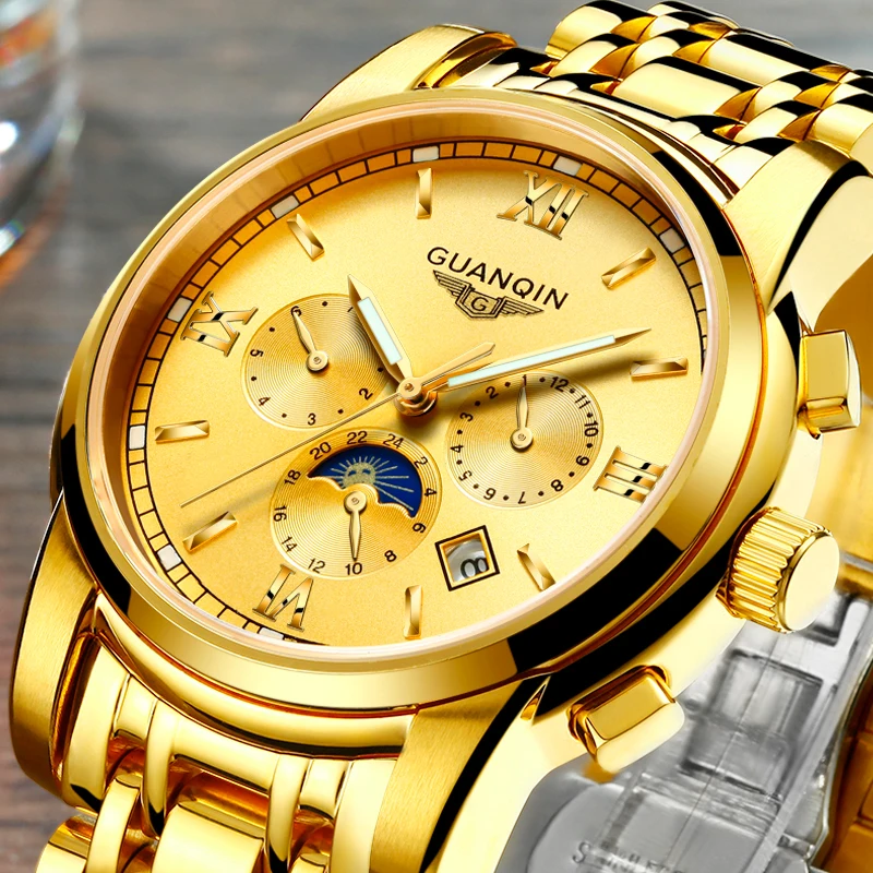 

GUANQIN watch men Mechanical Mens Watches Top Brand Luxury Automatic Clock men Business Casual gold waterproof Relogio Masculino
