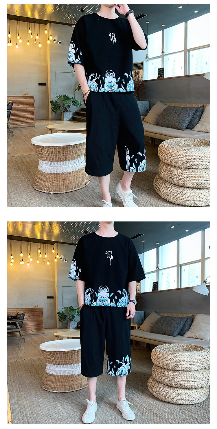 Летние Новые мужские комплекты с круглым вырезом, узор в китайском стиле, Повседневная рубашка + шорты, свободная хлопковая льняная
