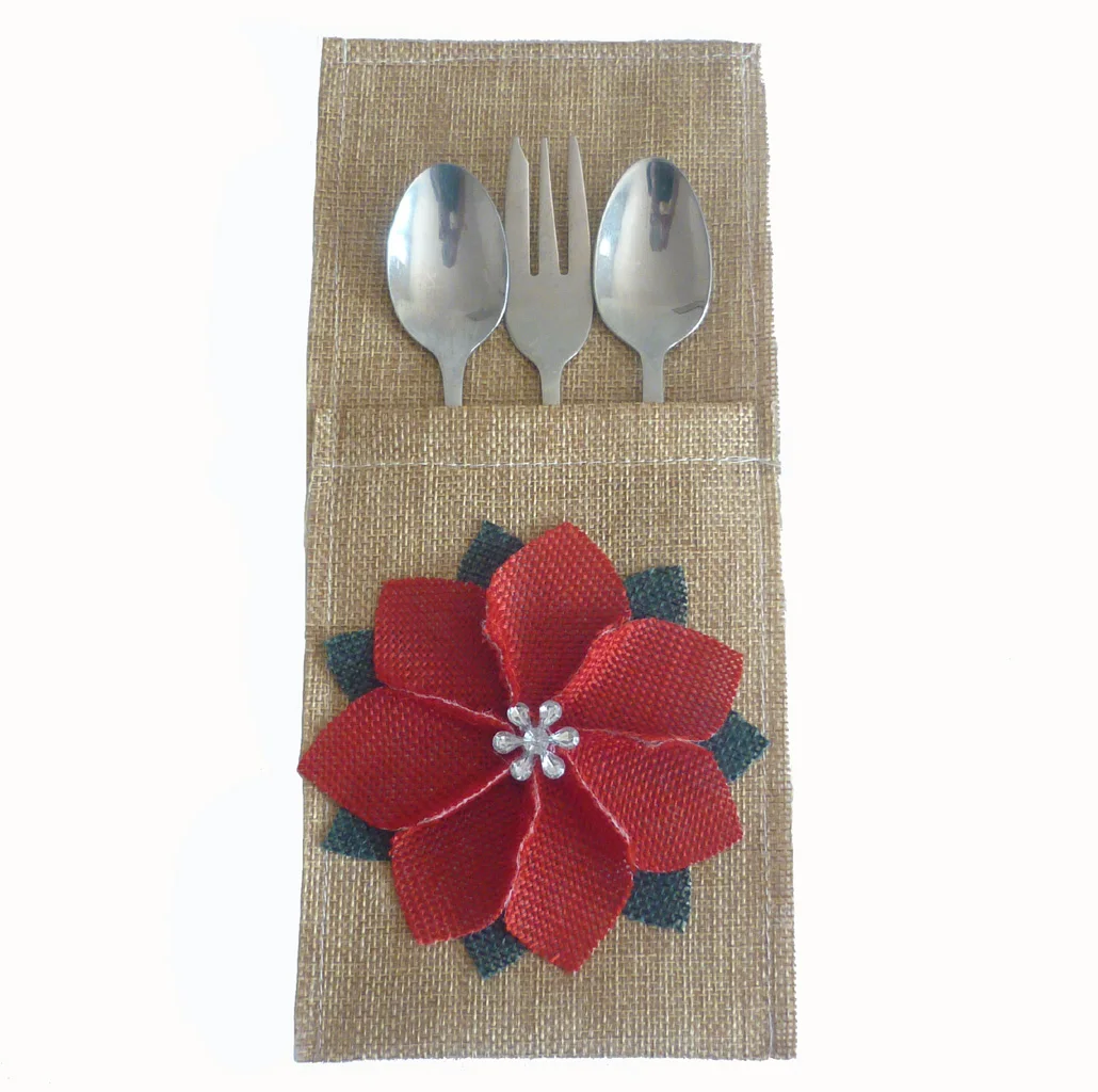 

2Pcs/lot Christmas Jute Hessian Burlap Flower Cutlery Holder Silverware Pockets Rustic Table Decor Vintage Christmas Decoration