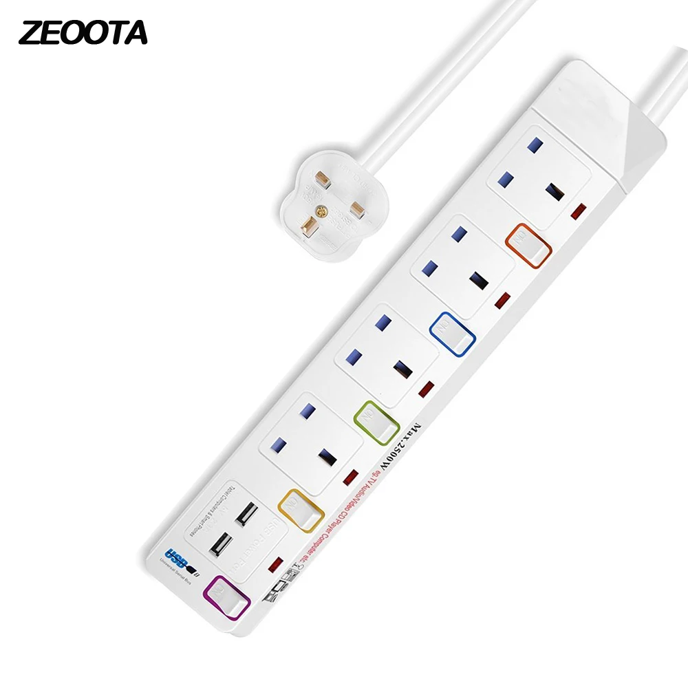 

Power Strip UK Outlet Extension Plug Socket with USB Individually Switched 2 USB Charging Ports with 1.8m Extension Cord