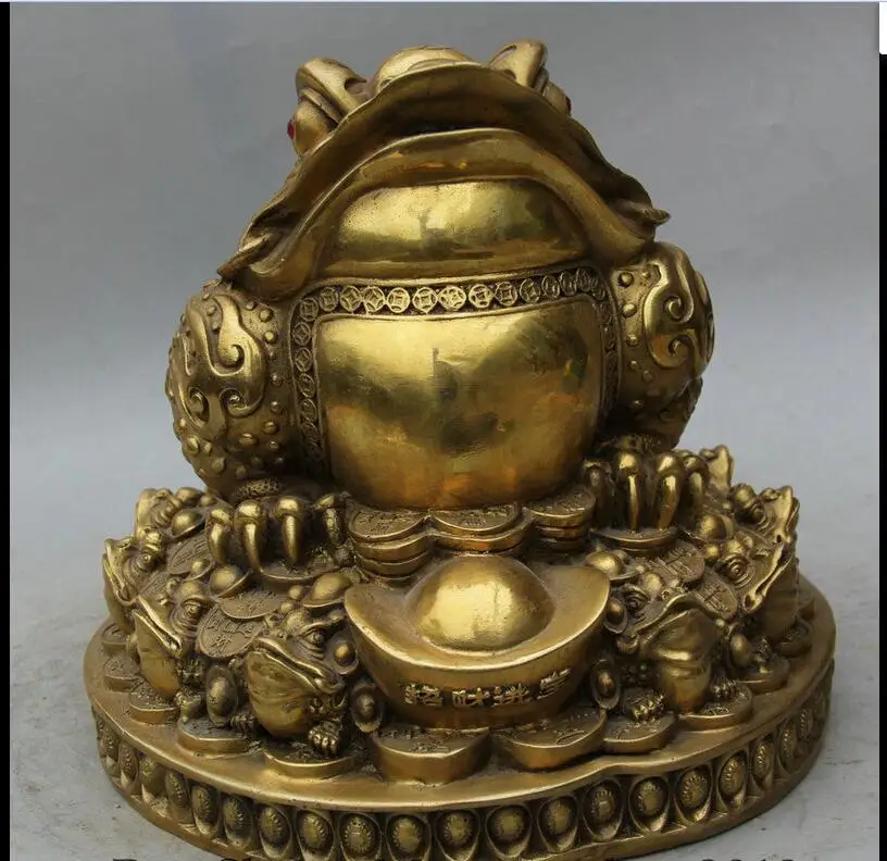 

fafa880093<<11" Chinese Brass Golden Toad Spittor Money Wealth Yuan Bao Statue Sculpture