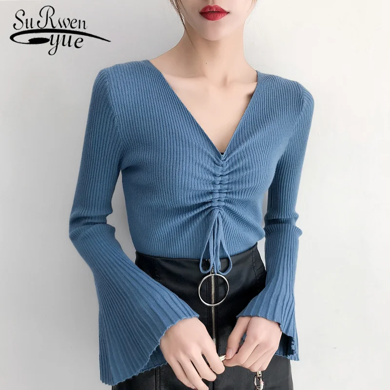Sweater women 2019 Autumn Winter flare long sleeve women sweater V collar solid knitted women sweaters and pullovers 5221 50
