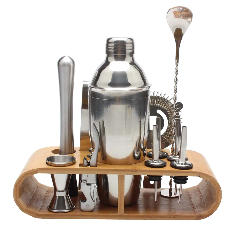 

750ml/600ml Stainless Bar Cocktail Shaker Set Barware Set Shaker Set with Wooden Rack