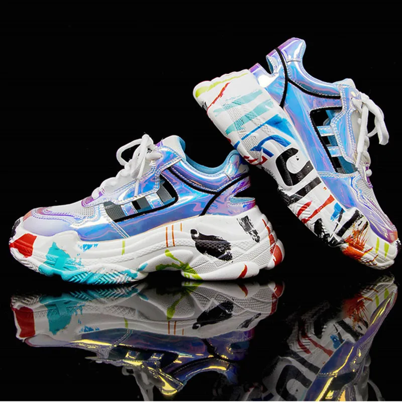 

Chunky Sneakers Women Graffiti Hollow Mesh Leather Ladies Shoes Lace-up Laser Summer Dad Sneakers Vulcanize Shoes Woman 80-90W