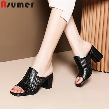 

Asumer 2020 new genuine leather shoes slingback square high heels shoes mesh Ventilation simple women sandals