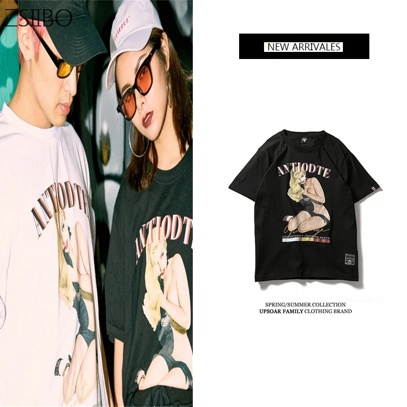 ANTIODTE Spoof girl Print Personality streetwear t-shirt 100% cotton loose couple T-shirt Tops trend men