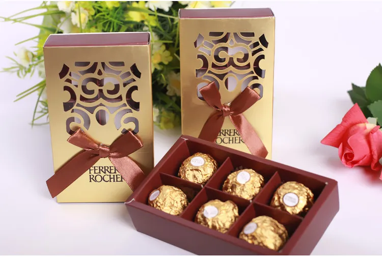 

100pcs Wedding Favors gold color chocolate packaging 6 hole Baby Shower Paper Candy Gifts Box Ferrero Rocher Boxes