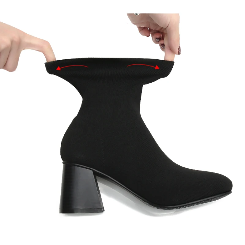 

MAIERNISI Autumn Spring Stretch Fabric Women Sock Boots Fashion Sock boots Black Mid-calf Short Boots High Heel Shoes for lady