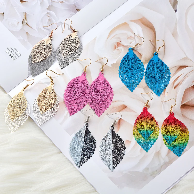 

H:HYDE Layered Earrings For Women Party Night Club Plant Stud Earrings Fashion Trendy Double Layers Leaf Hollow Hobo Ear Studs