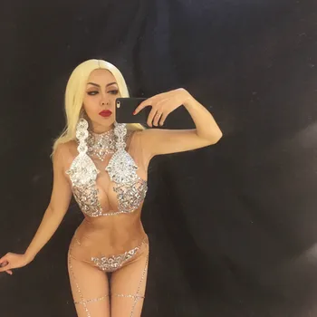 

Women Sparkly Crystals Nude Jumpsuit Female Singer Dancer Sexy Performance Costume Bodysuit Nightclub Party Oufit Baalmar
