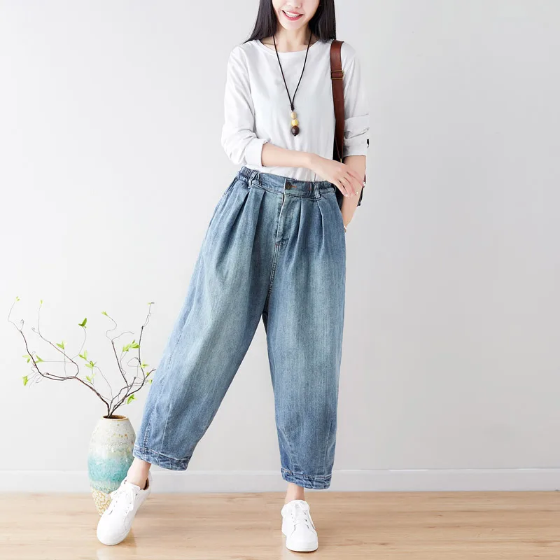 Classic all matches women jeans plus size loose trousers washed vintage streetwear elasticity waist solid color women clothes