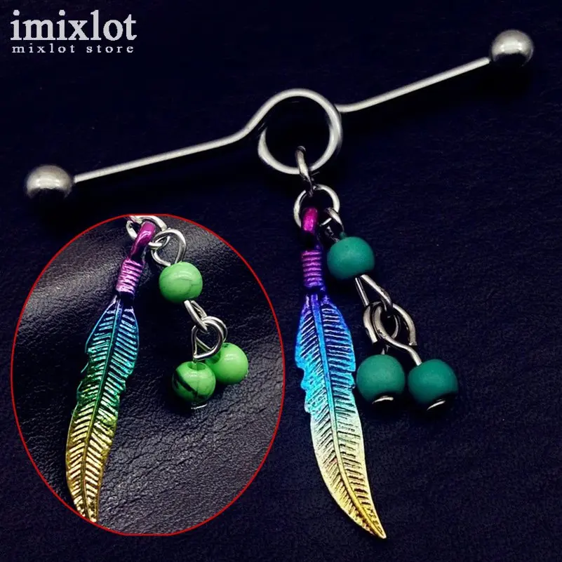 

1PC Long Stainless Steel Industrial Piercing Ear Cartilage Straight Bar Jewelry with Feather Pendant Earring Ear Barbell Jewelry