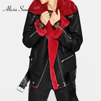 

New Winter Faux Shealing Sheepskin Coat 2019 Women PU Leather Red Lamb Motorcycle Thick Suede Jacket Female Flocking Coats