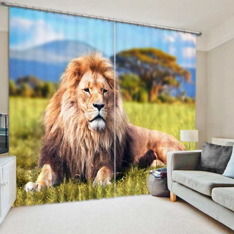 

Lions perspective prairie print fabric black silk blackout curtains HD Digital 3d realistic