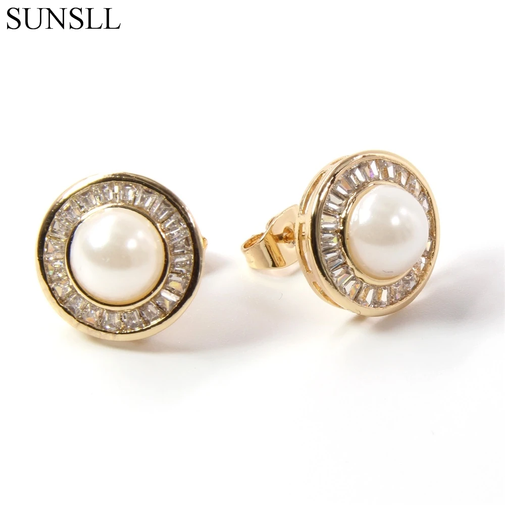 SUNSLL золотой цвет медные булавки кубический циркон и 8 мм жемчужные круглые серьги-гвоздики женские вечерние ювелирные изделия Brincos