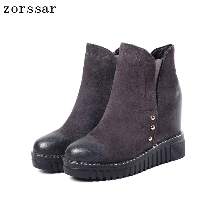 

{Zorssar} High Quality Cow Suede Leather Female Booties Women Ankle Boots High heels Womens Casual Shoes Winter Fur Snow Boots