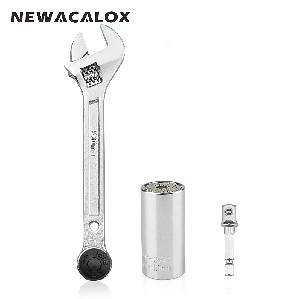 

NEWACALOX Dual Use 8" Adjustable Wrench Flexible Ratchet Wrench Set 1/4"-3/4" Torque Universal Spanner Socket Sleeve Repair Tool