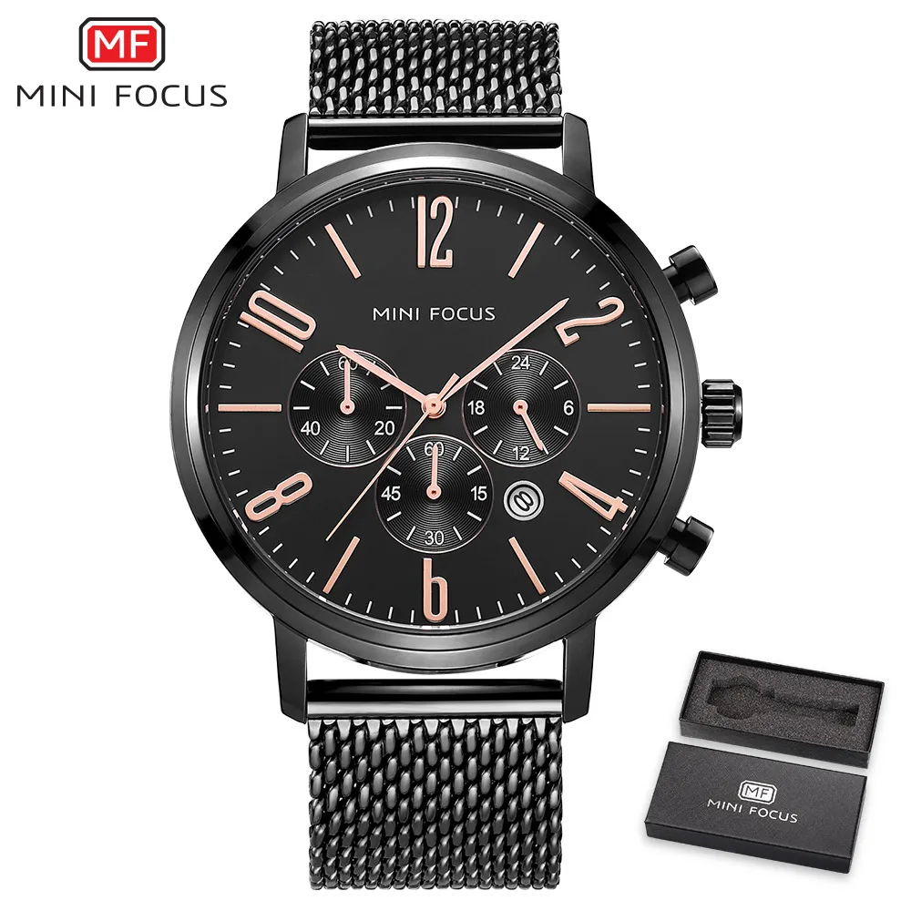 

MINI FOCUS Business Men's Fashion Luxury Watch Stainless Steel Sport Analog Quartz Wristwatches Chronograph Calenar montre homme