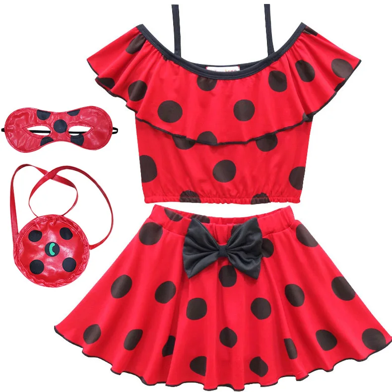 

2018 Ladybug Girls Summer Dress Bow Children's Summer Swimsuit Set Cartoon Lady bug red black Dot Print Beach Bikini
