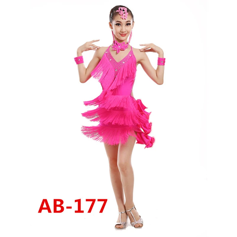 Детское профессиональное платье для латинских танцев с кисточками для девочек, бальные платья для танцев, Детская бахрома для сальсы с красными блестками - Цвет: hotpink