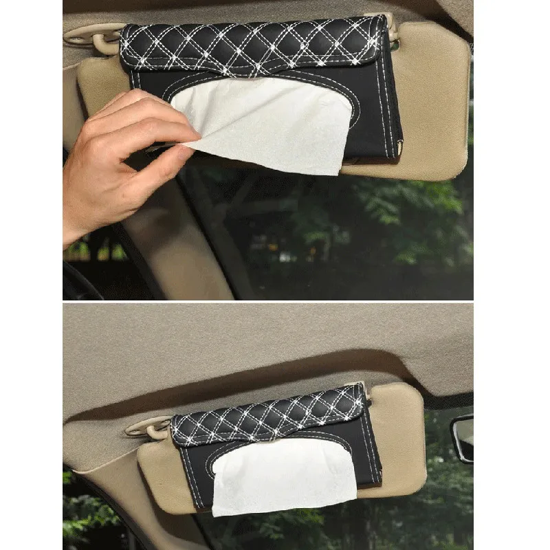 

Car Sun Visor Tissue Box PU Leather Paper Holder Decoration Hanging Pumping Napkin Container Case Clip Auto Interior Accessories