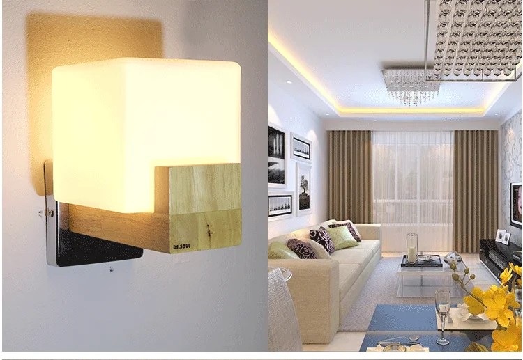DE.SOUL Japan Style Modern Oak Wood Wall Lamps Cube Sugar Lampshade Bedroom Bedside Wall Light Home Wall Sconce 110-220V_14