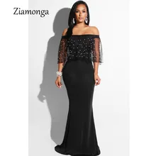 Ziamonga, женское черное длинное платье размера плюс, с оборками, с открытыми плечами, платье русалки для вечеринки, с коротким рукавом, Vestidos