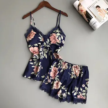 

Spring and Summer Pajamas Korean New Ladies Floral Simulated Ice Silk Camisole And Shorts Two-piece Suit Lace Sleepwear Set