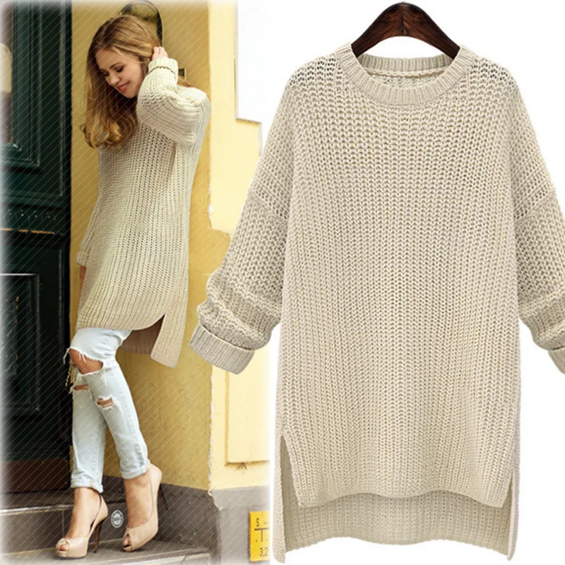 Cena 2019 Winter Midi długie grube swetry dla kobiet nowe nieregularne O Neck śliczne solidne dzianinowe swetry dziewczyny Lady swobodne rozcięcie sweter