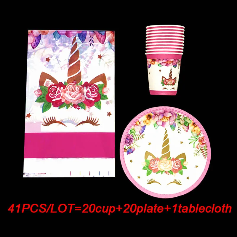 

Unicorn party disposable tableware set paper cups plates napkins Unicorn birthday party tablecloth for kids favor table sets