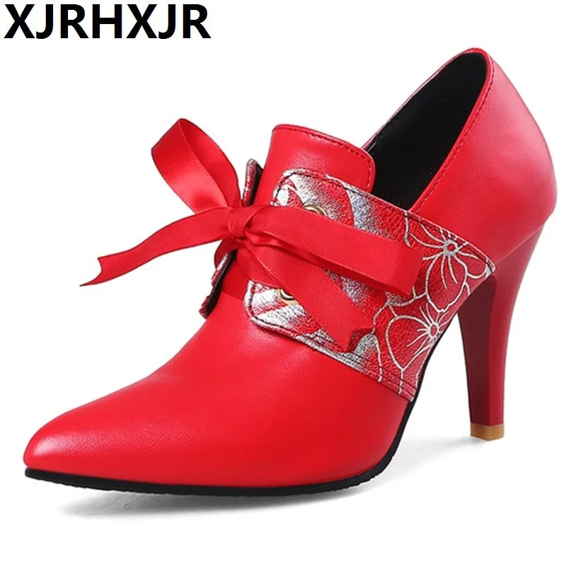 

XJRHXJR Brand Plus Size 34-43 Women Pumps Fashion Elegant Female Pointed Toe Spike High Heels Ladies Shoes Woman Black Red
