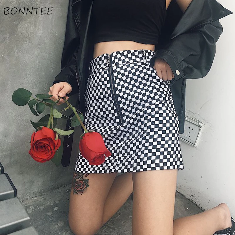 

Skirts Women Plaid Elegant A-Line All-match Korean Style Female Summer Zipper Leisure High Waist Womens 2019 Chic Skirt Slim New