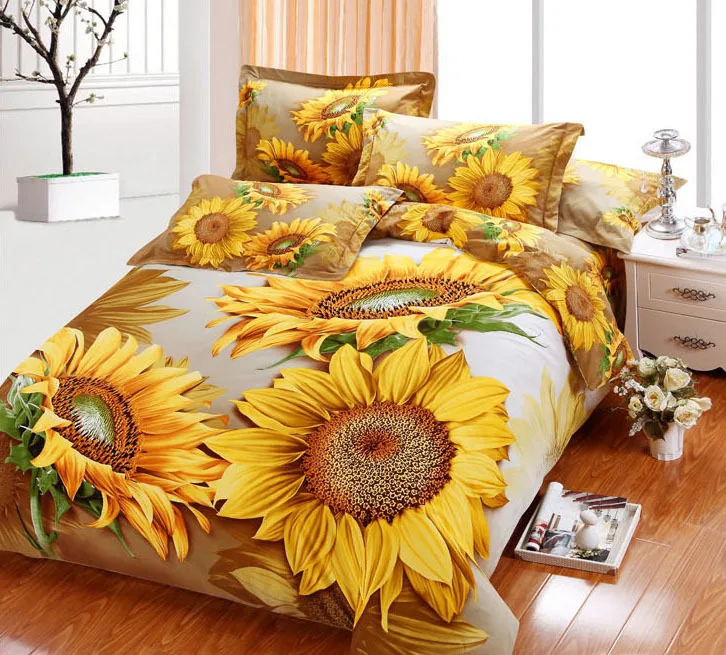 Queen Size 3D Yellow Sunflower Print 3D Duvet Bedding Set 100Cotton In