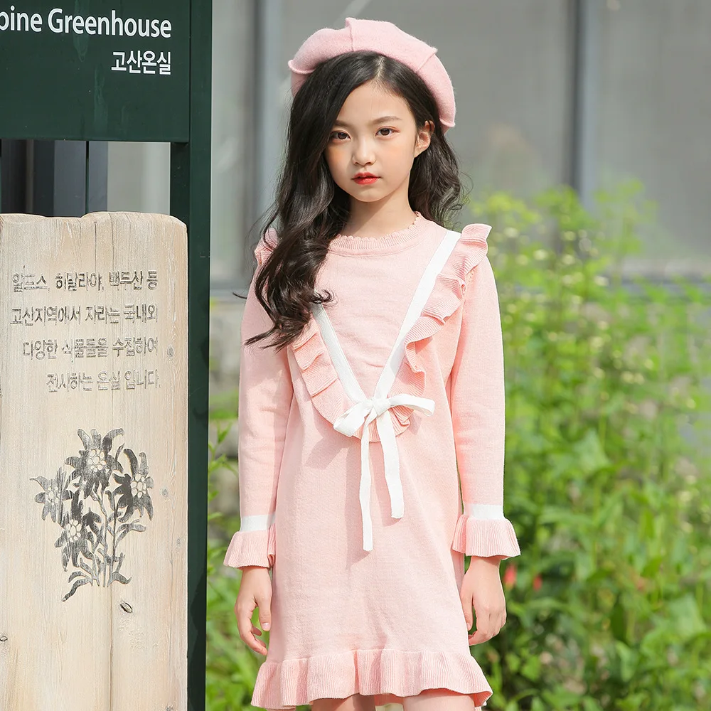 

3-11T Girls Knitted Dresses Long Sleeve Letter Print Pullover Dress Child Striped Kids Dress Winter Autumn Casual Clothes CA220