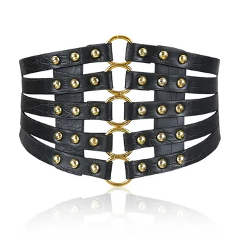 

Fashion New Belts Cummerbunds PU Leather Elastic Corset Wide Belts For Dresses Punk Ladies hollowed out Waistband Black Vintage