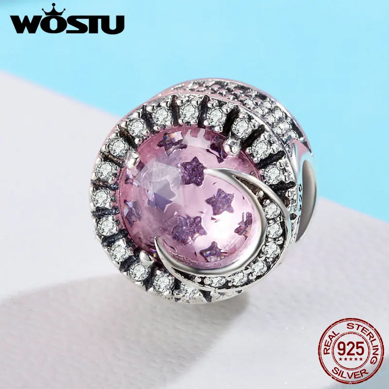 

WOSTU 925 Sterling Silver 2 Colors Glittering Star and Moon Round Beads fit Women Charm Bracelet & Bangles Fine Jewelry FIC382