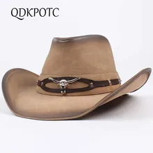 QDKPOTC высокое качество Западные Ковбойские шляпы мужские и женские модные головной убор шляпа из искусственной кожи металлическое украшение широкая Шляпа Козырек Кепка