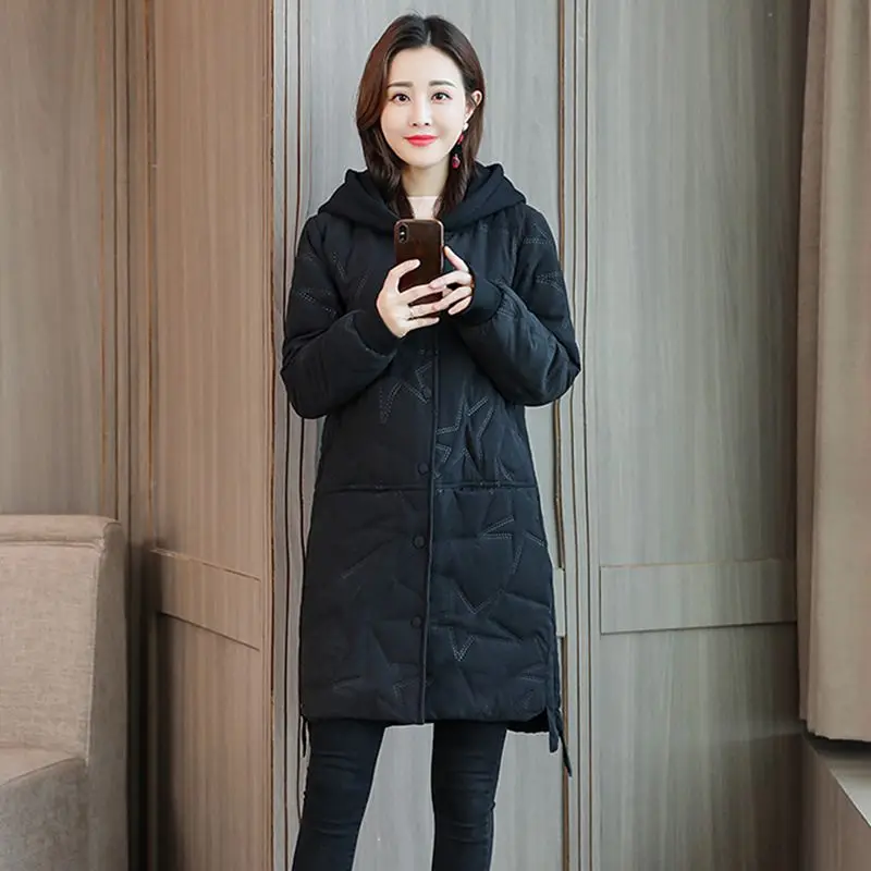 Women Winter Light Thin Jacket New Fashion Hooded Mid-long Down Cotton Coat Casual Loose Female Parkas Women Overcoat NZYD23A